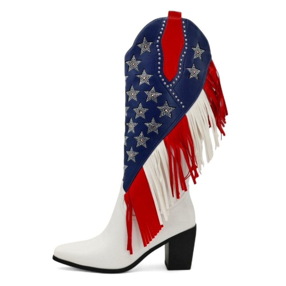 American Flag Size 11 Rhinestone Stars Fringe Knee High Block Heel Western Boot - Picture 5 of 16